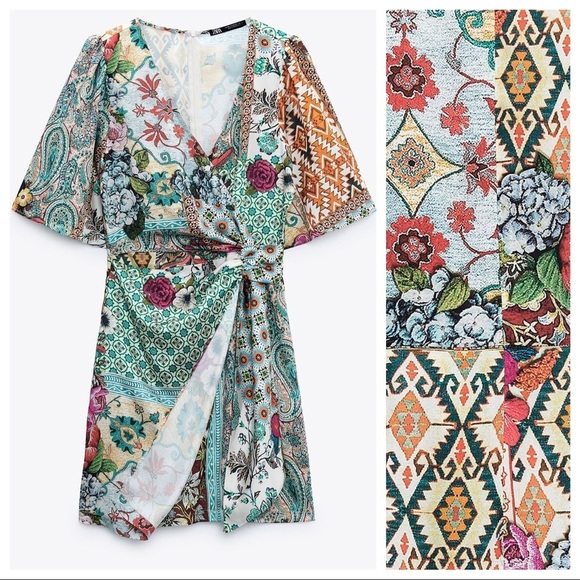 🌹NWT. Zara Multicolored Patchwork Print wrap Mini Dress. Size XS. - Picture 4 of 9